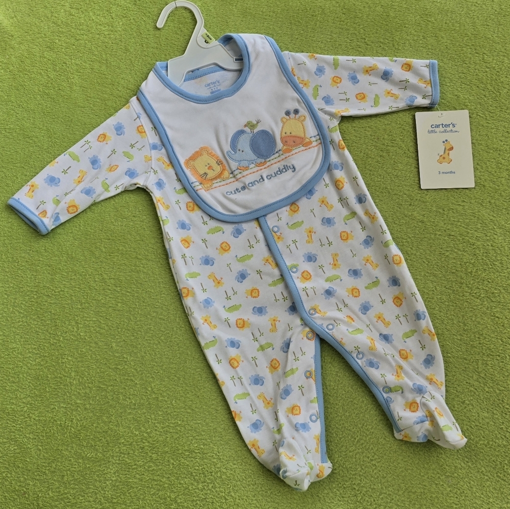 NWT 6-9M Baby BOYS 2P FOOTIE & BIB  LION  ELEPHANT + GIRAFFE  CUTE & CUDDLY (Q1)